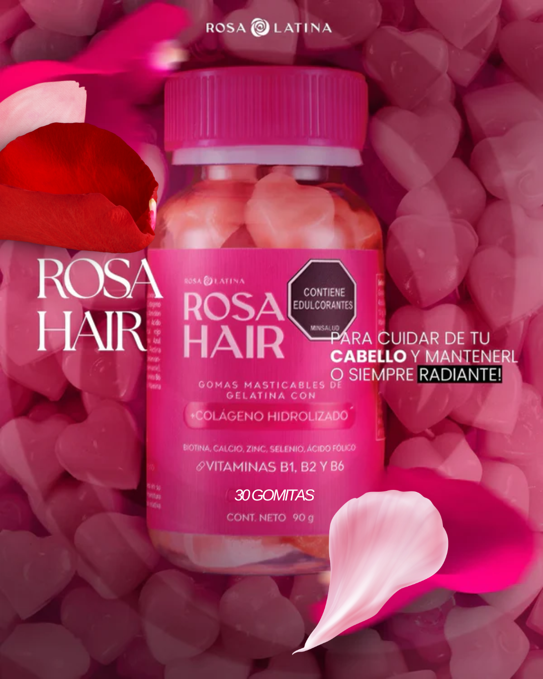 ROSA HAIR - Refuerza tu belleza con Rosa Hair™ – Activa el crescimiento capilar, reducir caída de calleo, fortalece las uñas y mejora la textura de la piel.